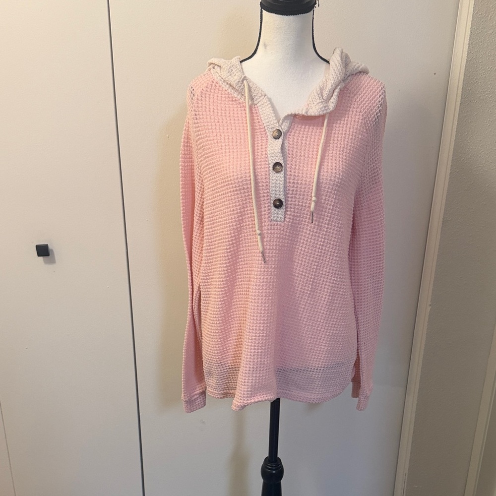 Pink Waffle Knit Hoodie Top